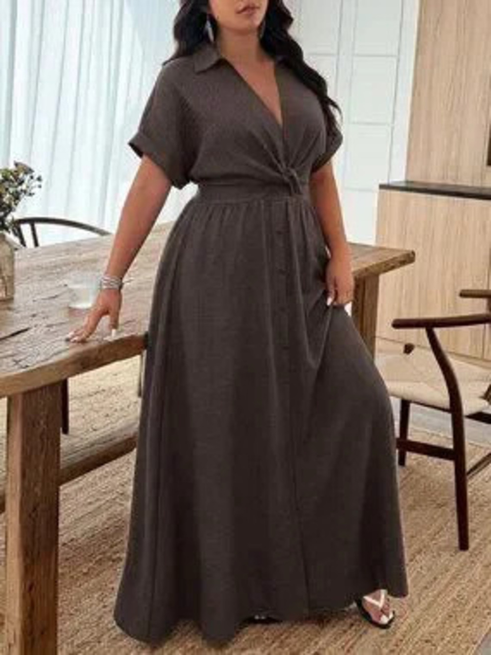 ZARA Coffee Brown Casual Women's Lapel Twist Knot Button A-Line Vacation Dress